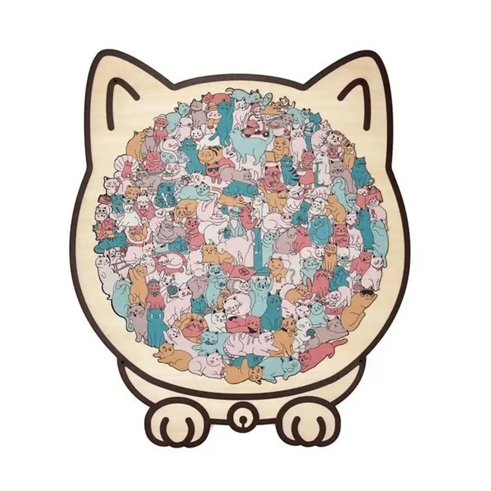 WhiskerCalm Puzzle Board – Interactive Cat Enrichment Toy featuring a colorful illustration of numerous cats