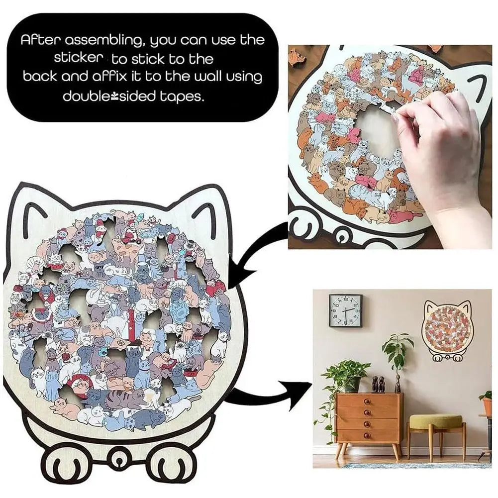 WhiskerCalm Puzzle Board showing assembled interactive cat toy with pet-themed design and wall installation instructions.