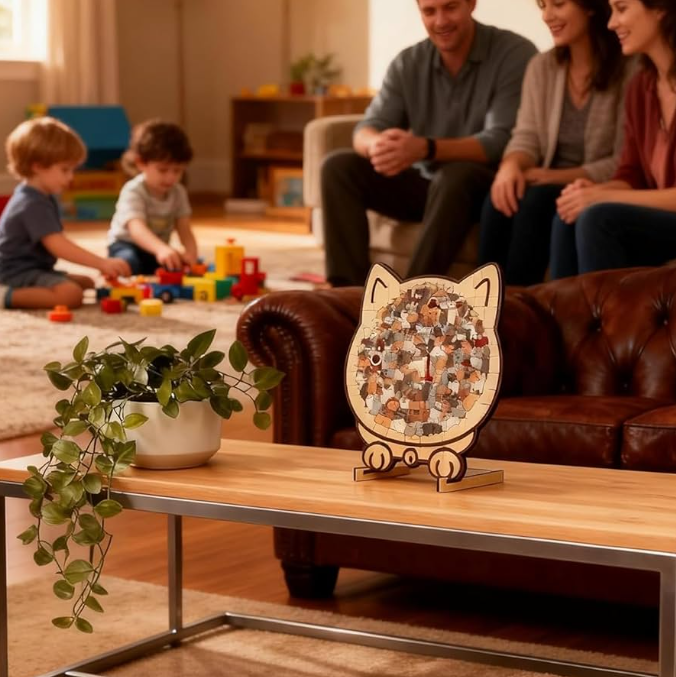 WhiskerCalm Puzzle Board – Interactive Cat Enrichment Toy on a coffee table with family playing in the background.