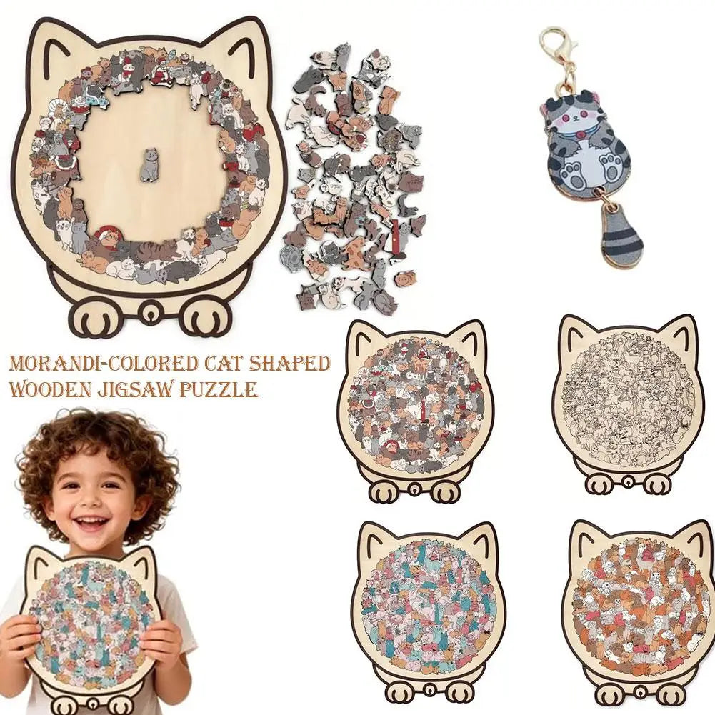 WhiskerCalm Puzzle Board featuring a cat-shaped wooden jigsaw puzzle with colorful pieces and a child holding it.