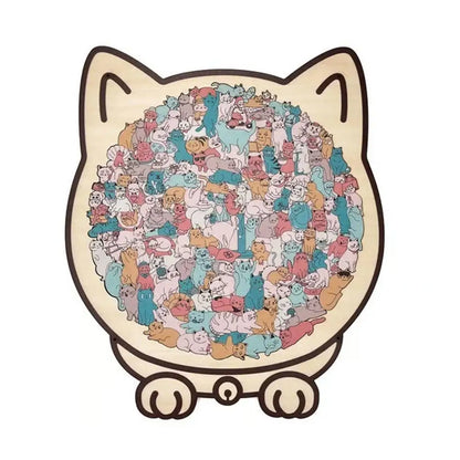WhiskerCalm Puzzle Board – Interactive Cat Enrichment Toy featuring a colorful illustration of numerous cats