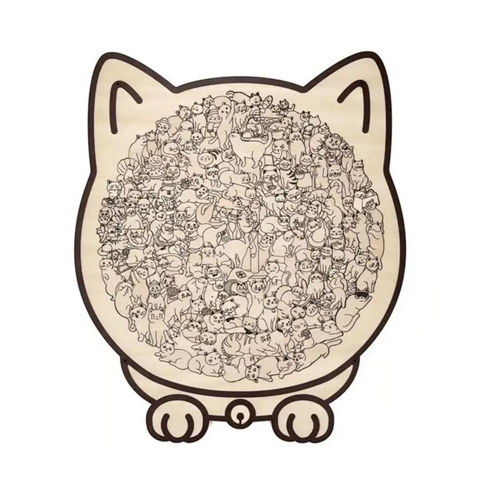WhiskerCalm Puzzle Board featuring various cute animal illustrations in a round shape with cat ears.