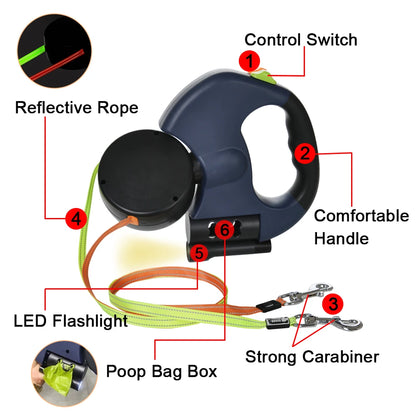 DuoWalk™ Retractable Dual Dog Leash – 3M with LED Light &amp; 360° Swivel