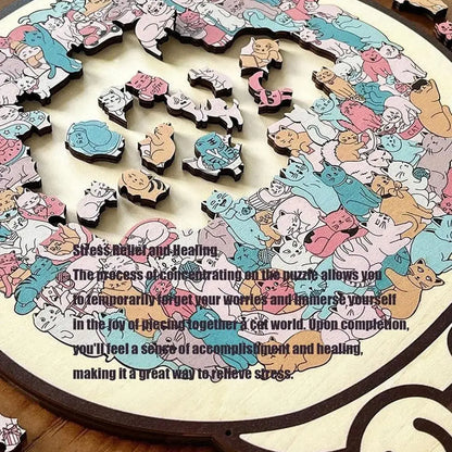 WhiskerCalm Puzzle Board image showcasing interactive cat enrichment toy with puzzle pieces and playful cat illustrations.