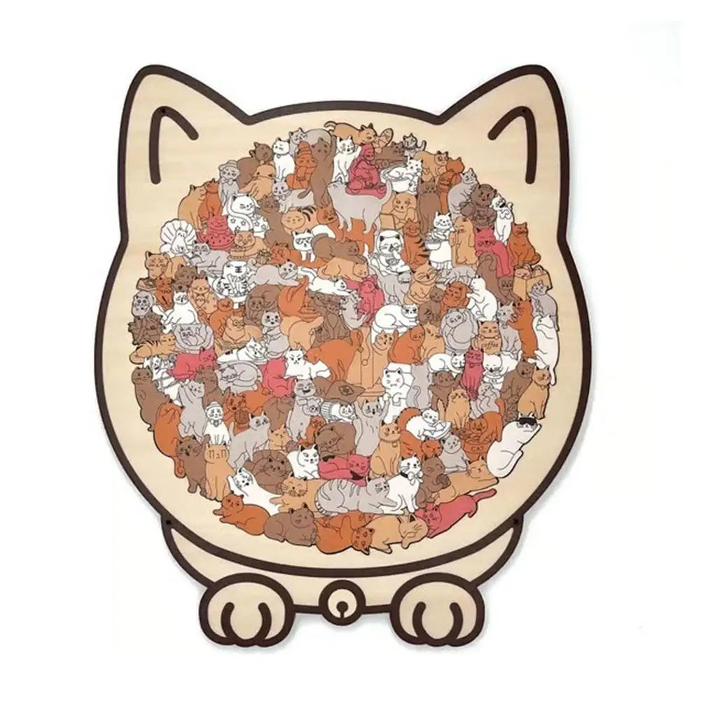 WhiskerCalm Puzzle Board – Interactive cat enrichment toy featuring a playful design with multiple cats illustrated.