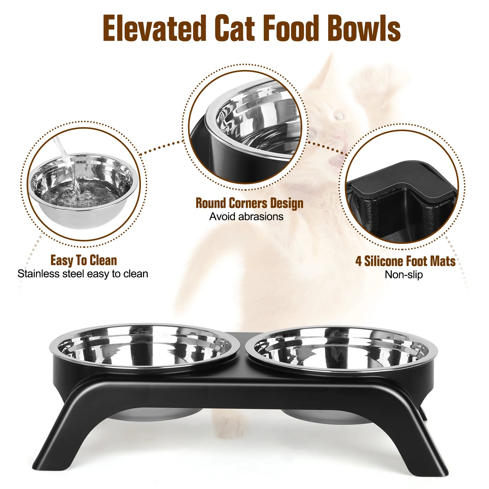 Elevated Cat Bowls, Dog Bowl,Stainless Steel Raised Cat Food Water Bowl Set with ABS  Anti Slip Stand for Indoor Cats