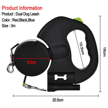 DuoWalk™ Retractable Dual Dog Leash – 3M with LED Light &amp; 360° Swivel