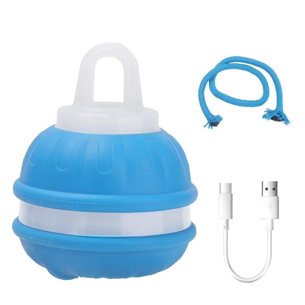 Smart Interactive Dog Ball – ChaseIQ™ in blue with charging cable and rope, perfect for engaging dog play.